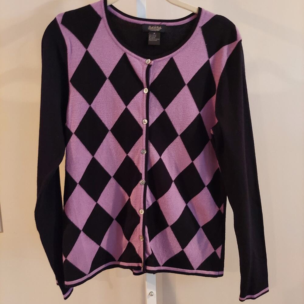 Cardigan Medium Purple Black Diamond Argyle 90s Y2K Grunge Preppy Witchy